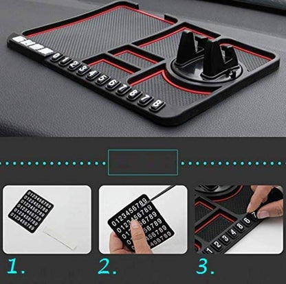 Black dashboard organizer with red accents, multiple compartments, and detachable numeric labels.