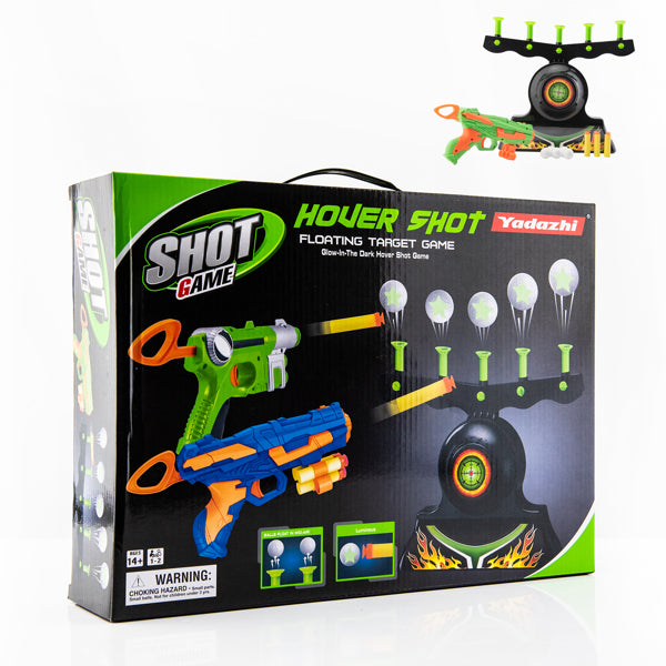 Toy packaging with a colorful blaster and floating target game, features neon green and orange.