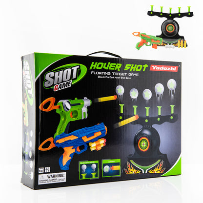 Toy packaging with a colorful blaster and floating target game, features neon green and orange.