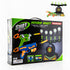 Toy packaging with a colorful blaster and floating target game, features neon green and orange.