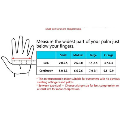 Hand measurement guide with a table listing sizes small to X-large, in inches and centimeters.
