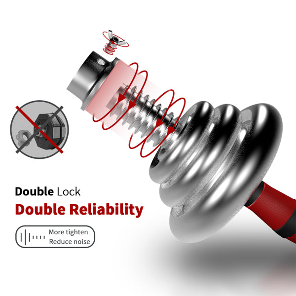 Exploded view of a metal double lock mechanism with red accents, emphasizing reliability.
