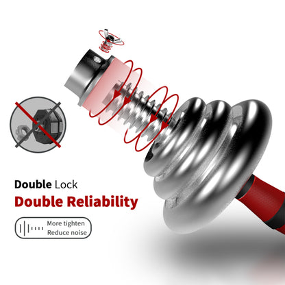 Exploded view of a metal double lock mechanism with red accents, emphasizing reliability.