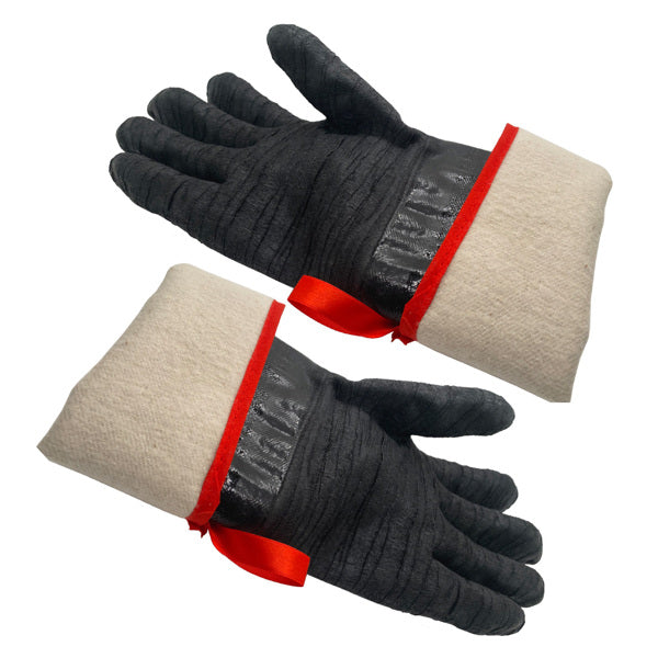 Two black gloves with padded beige cuffs and red trim, laid flat and feature textured palms.