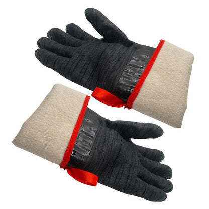 Two black gloves with padded beige cuffs and red trim, laid flat and feature textured palms.