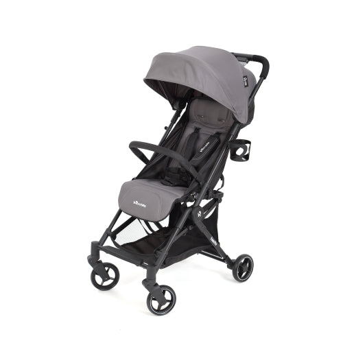 Gray stroller with four black wheels, a canopy, and a mesh basket underneath.