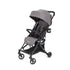 Gray stroller with four black wheels, a canopy, and a mesh basket underneath.