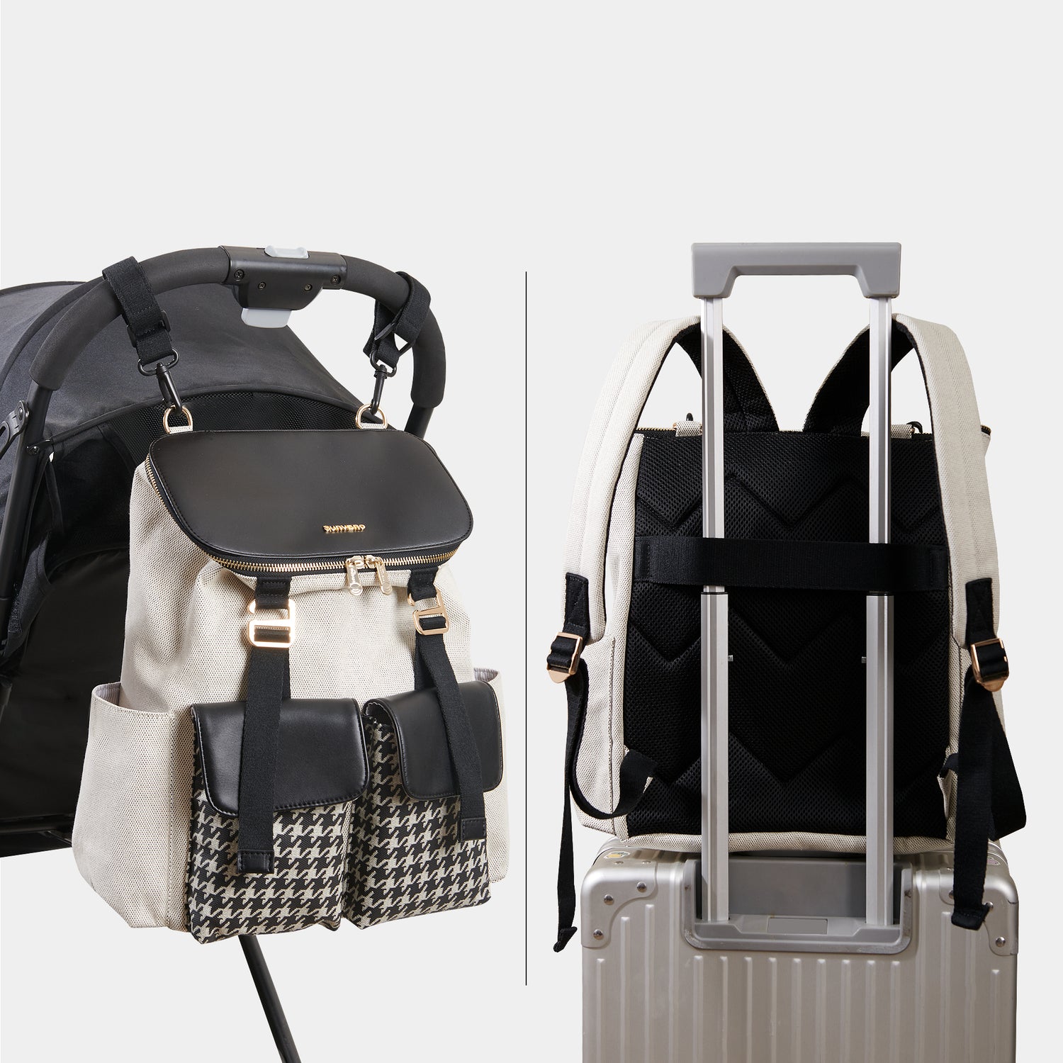 Cream and black backpack with houndstooth pockets on a stroller and suitcase handle.