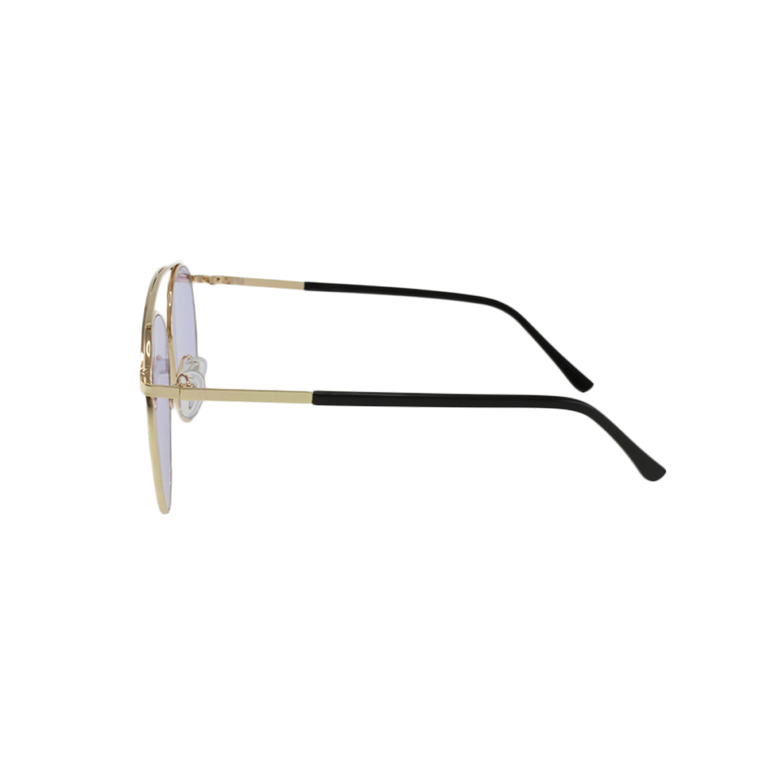 Gold-framed round glasses with thin black arms on a white background.
