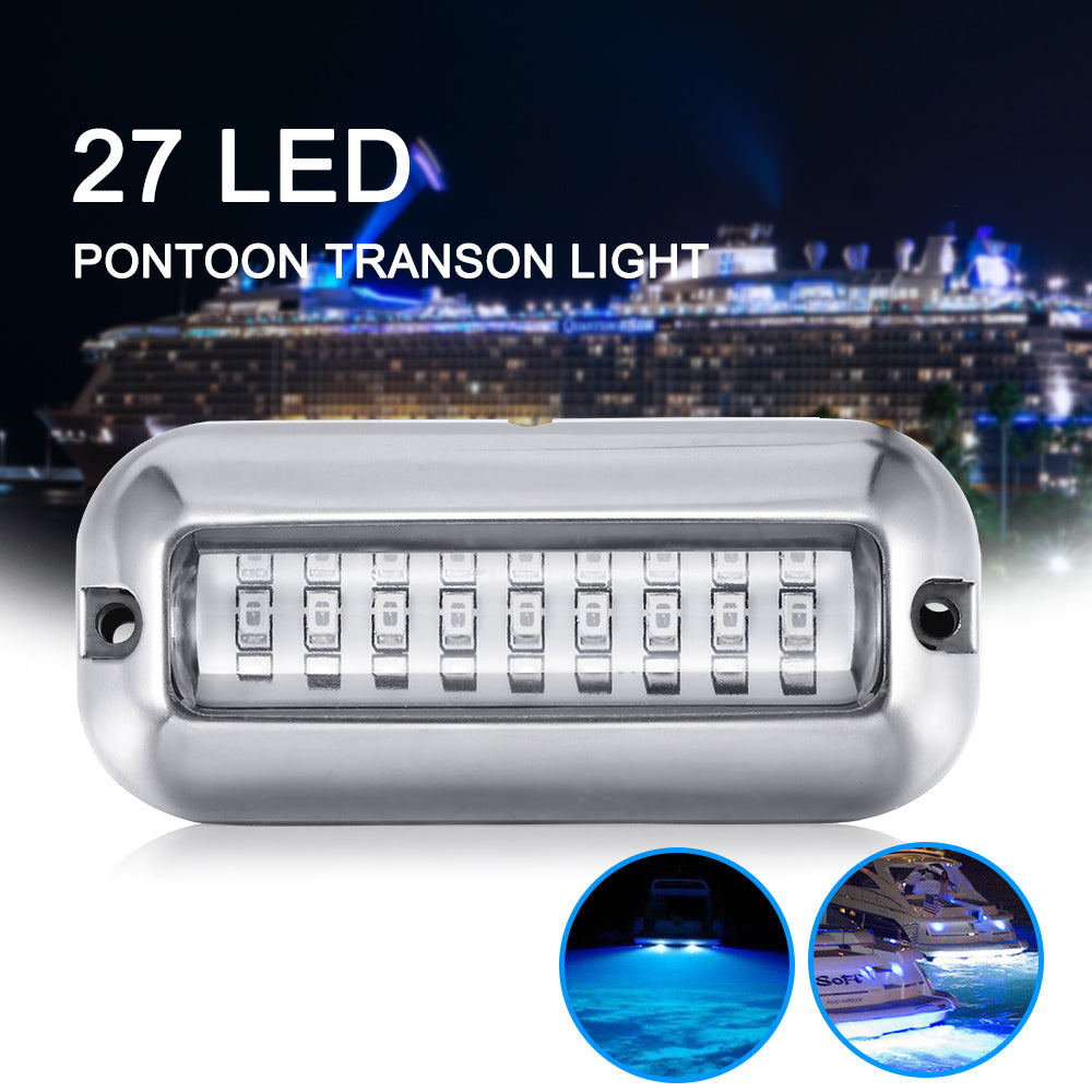 Silver rectangle LED light, 27 bulbs visible. Background shows a lit cruise ship at night.