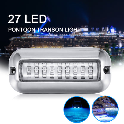 Silver rectangle LED light, 27 bulbs visible. Background shows a lit cruise ship at night.