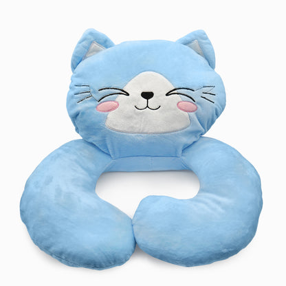 Blue cat-shaped plush neck pillow with embroidered face, pink cheeks, and closed eyes.
