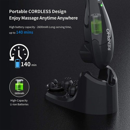 Sleek black cordless massager on a stand with green battery indicators; text highlights features.