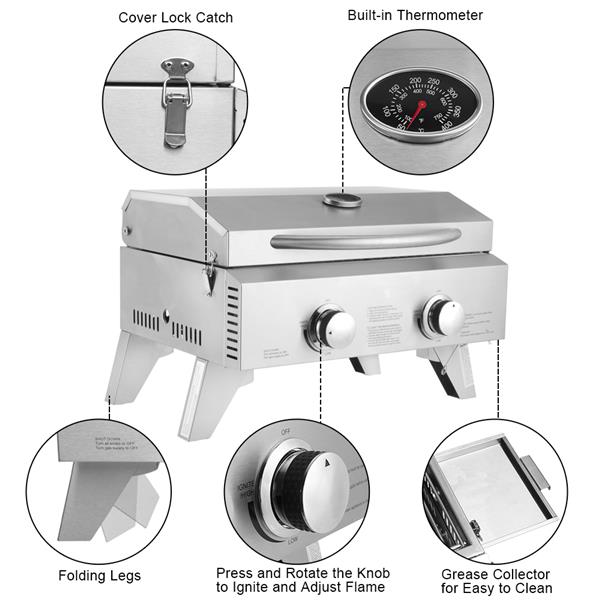 Silver tabletop grill with a lid, thermometer, knobs, folding legs, and grease collector.