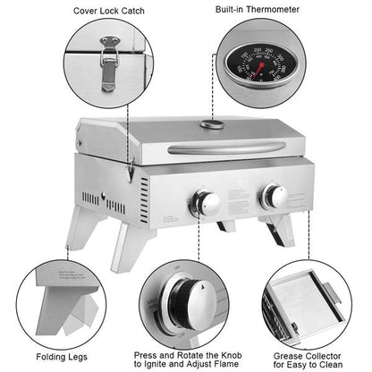 Silver tabletop grill with a lid, thermometer, knobs, folding legs, and grease collector.