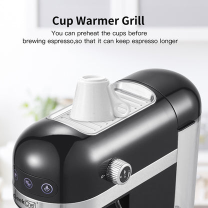 Black espresso machine with a gray cup warmer grill on top, featuring control buttons and a knob.