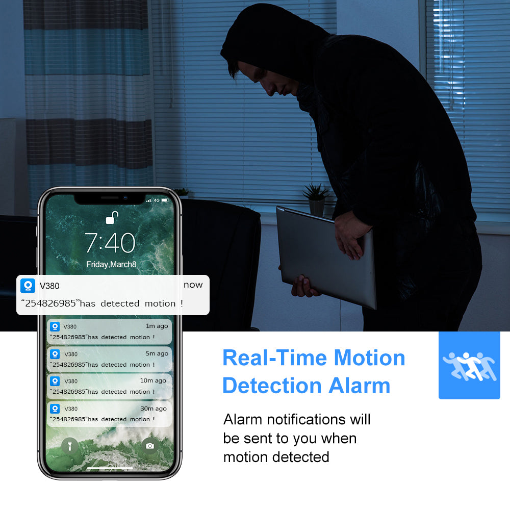 Phone showing motion alerts, with a dark figure holding a laptop in a dimly lit room.