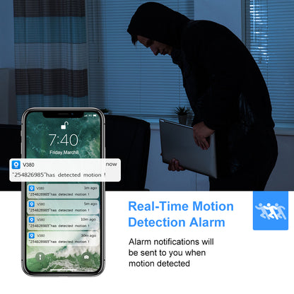 Phone showing motion alerts, with a dark figure holding a laptop in a dimly lit room.
