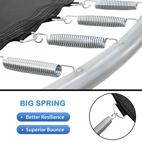 Close-up of metal trampoline springs on frame, black mat, with text "Better Resilience, Superior Bounce."