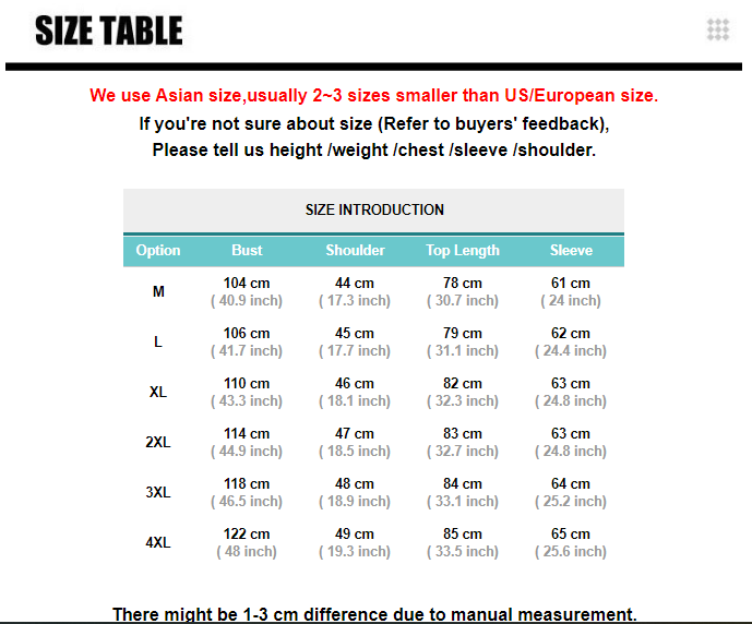 Size chart with measurements for M to 4XL in centimeters and inches, with a teal header.
