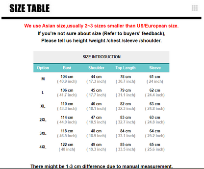 Size chart with measurements for M to 4XL in centimeters and inches, with a teal header.