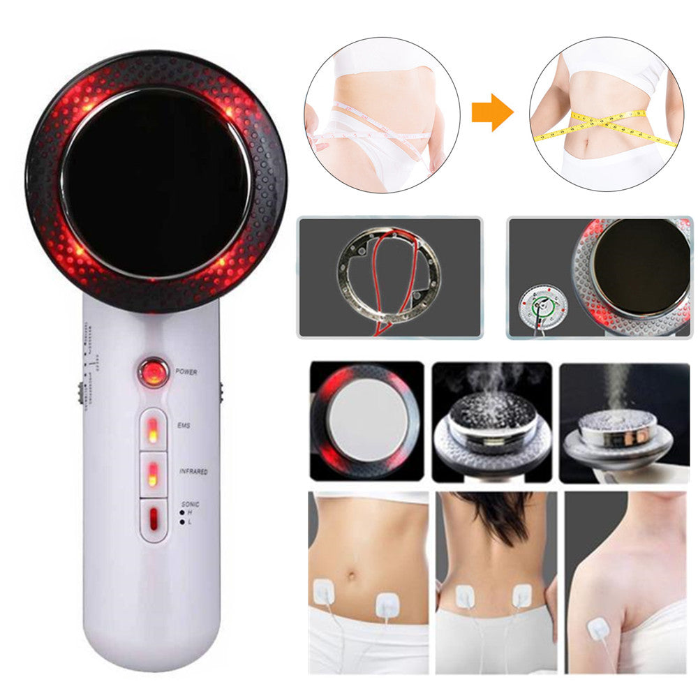 Weight loss device with red lights and control buttons, showing application on waist and skin.
