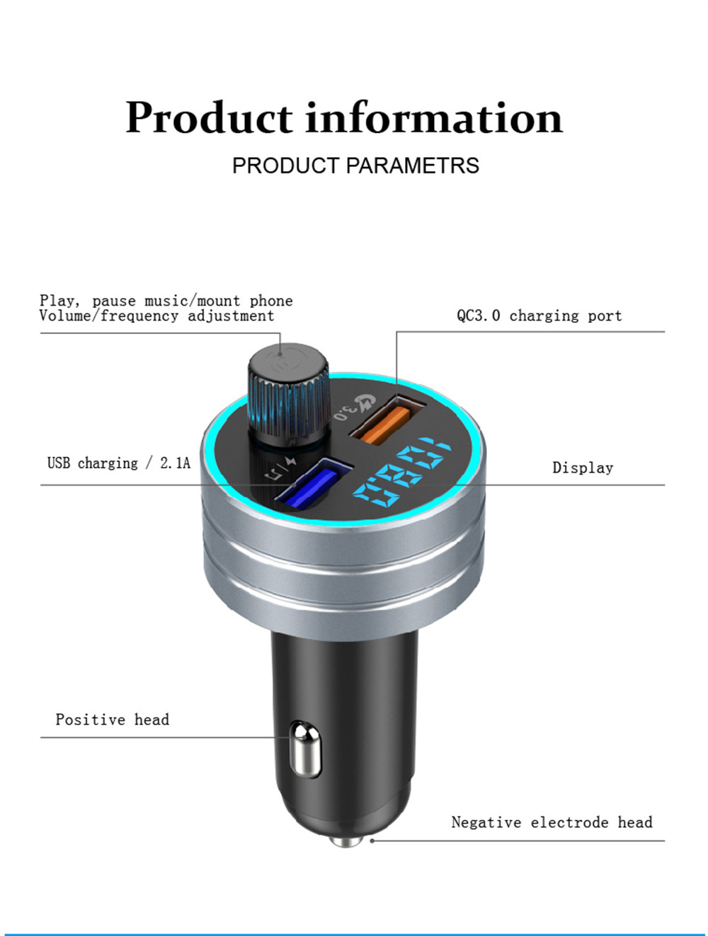 Silver car charger adapter with USB and QC3.0 ports, display, and volume control knob.