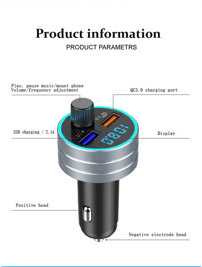 Silver car charger adapter with USB and QC3.0 ports, display, and volume control knob.