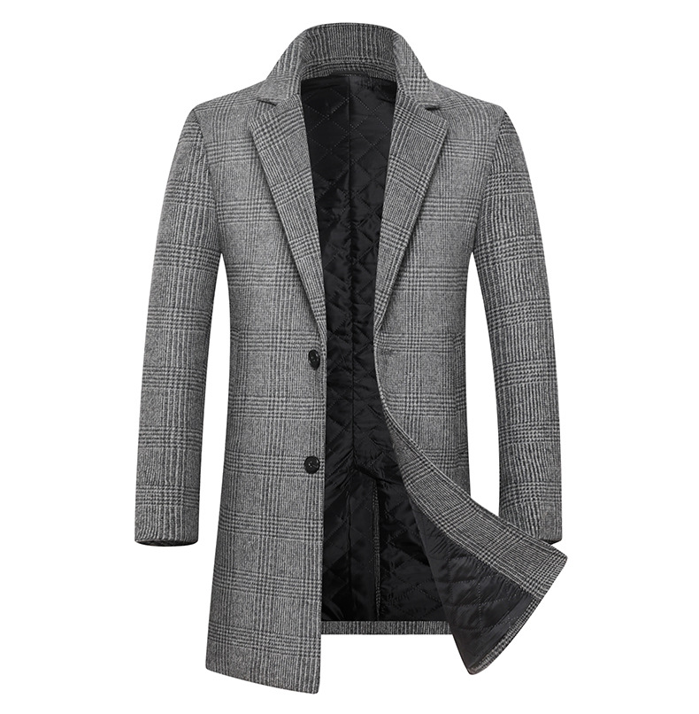 Gray plaid overcoat with two buttons and a black quilted lining, open to show interior.