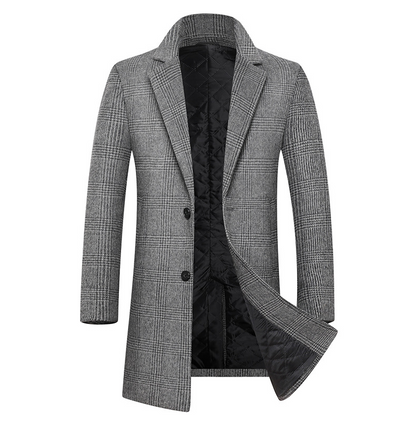Gray plaid overcoat with two buttons and a black quilted lining, open to show interior.