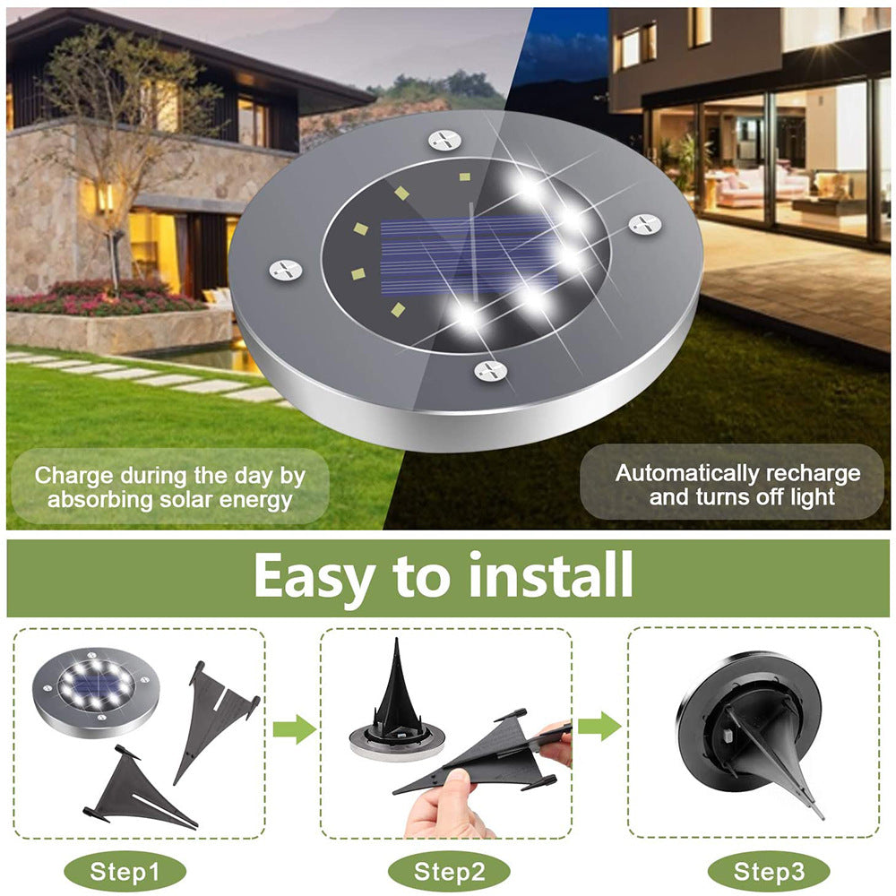 Solar disk light with four screws shines, showing day and night use; easy three-step installation.