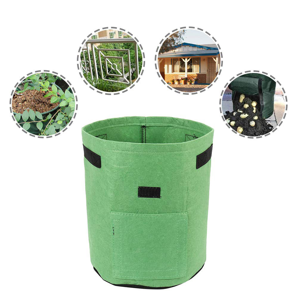 Green fabric planter with pockets and handles, surrounded by garden and plant images.