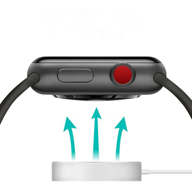 Smartwatch side view with a red button, black strap, and wireless charging illustration below.