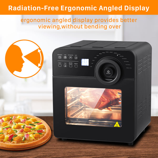 Black oven with ergonomic display shows roasted meat inside. Pizza on a wooden surface nearby.