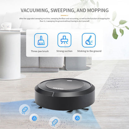 A black robotic vacuum on a light wood floor, icons showing cleaning features above it.