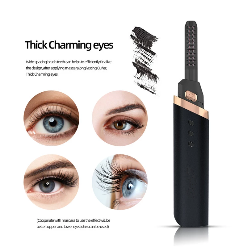Eyelash curler with gold accents, four eye close-ups above, mascara swatches beside text.
