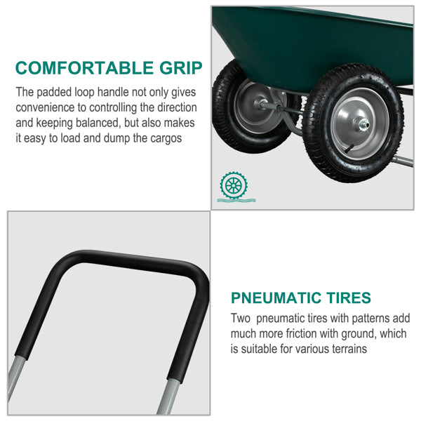 Wheelbarrow features: padded loop handle, green body, two black pneumatic tires with text labels.