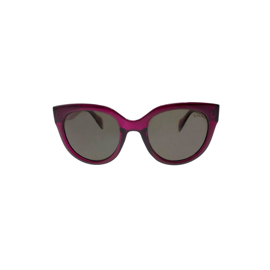 Purple cat-eye sunglasses with dark lenses on a white background.