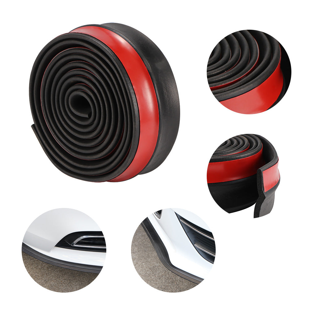 Coiled black rubber strip with a red adhesive, shown in detail and attached to a car bumper.