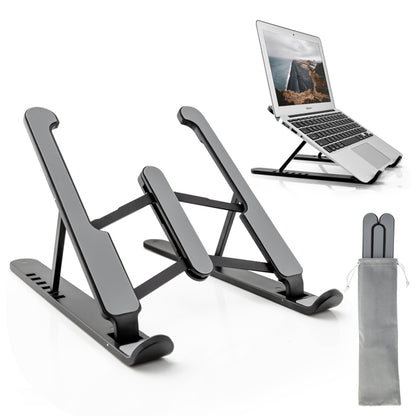 Black adjustable laptop stand with a silver laptop and a gray carrying pouch on a white background.