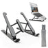 Black adjustable laptop stand with a silver laptop and a gray carrying pouch on a white background.