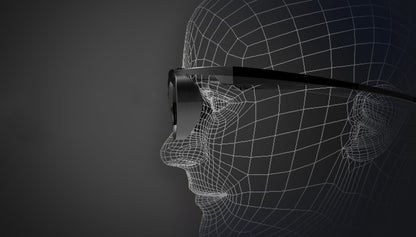 Wireframe head wearing sleek black sunglasses against a dark background, side profile view.
