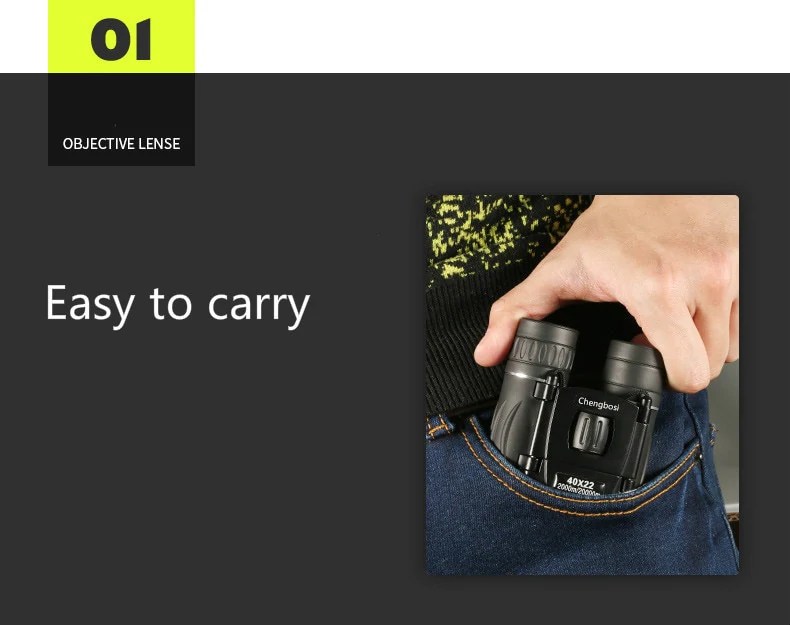 Binoculars being placed in a jeans pocket, beside text: "Easy to carry" on dark background.