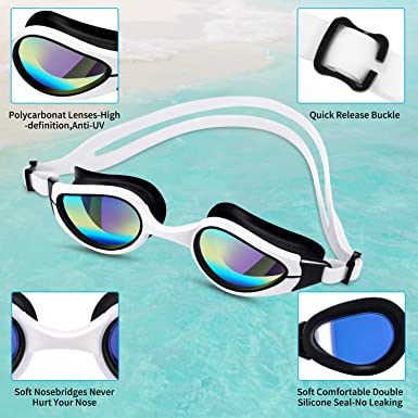 White swim goggles with iridescent lenses, black trim, and adjustable strap on a teal background.