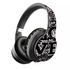 Black headphones with white graphic patterns and text on the band, featuring padded ear cushions.