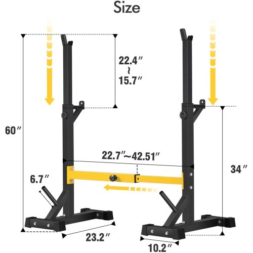 Adjustable black and yellow squat rack with labeled dimensions in inches.