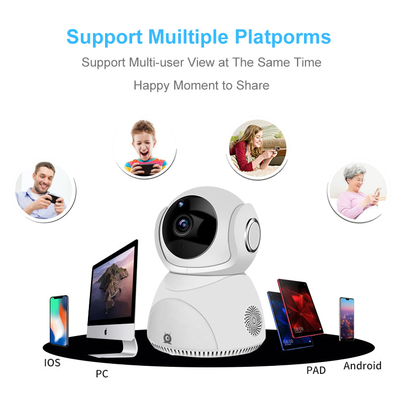 A white security camera surrounded by tablets, phones, and laptops, with people using devices above.