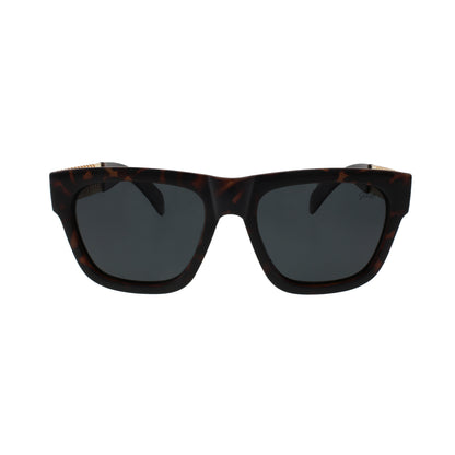 Brown tortoiseshell sunglasses with dark lenses in a classic square frame.