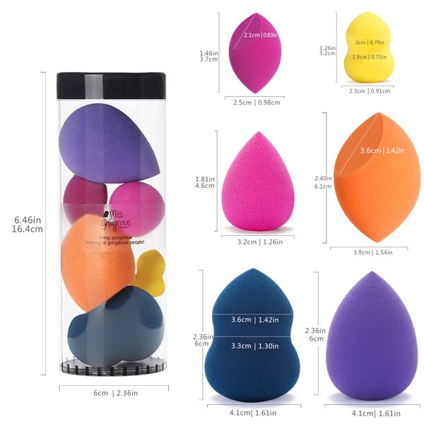 A cylindrical container with colorful makeup sponges in purple, pink, orange, and yellow hues.