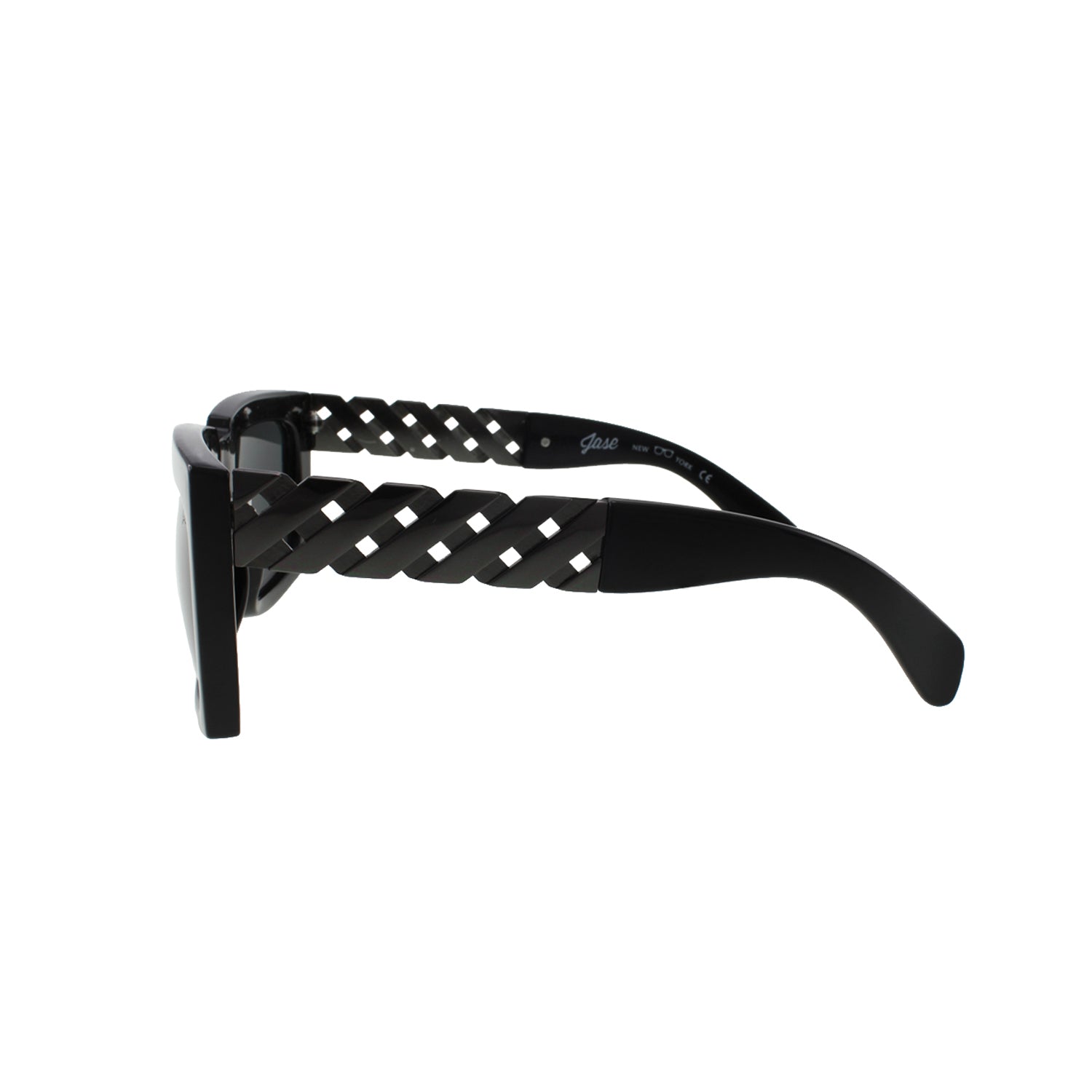 Black sunglasses with braided side arms, viewed from the side, white background.